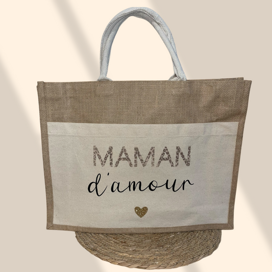 Sac en toile de jute Maman  d'amour