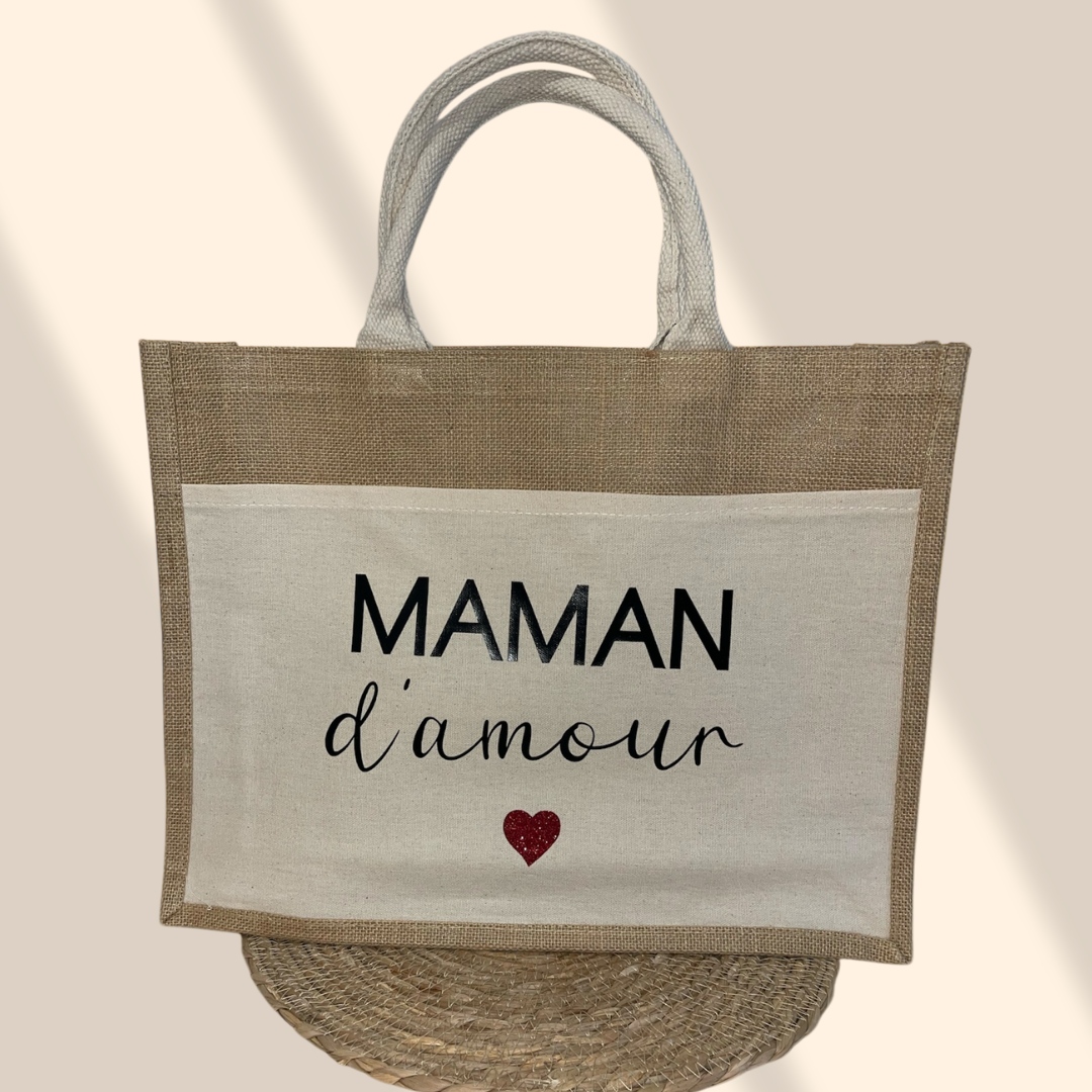 Sac en toile de jute Maman  d'amour