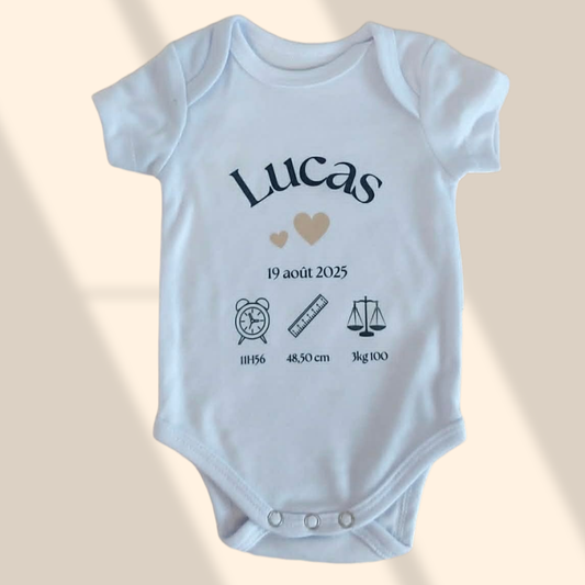 Body bébé  : Prénom, date et heure de naissance,taille