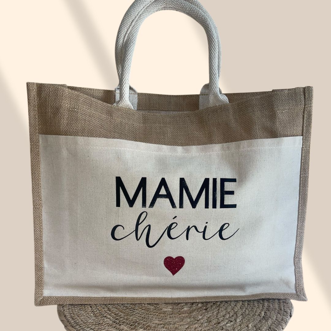 Sac en toile de jute avec pochette  Mamie chérie